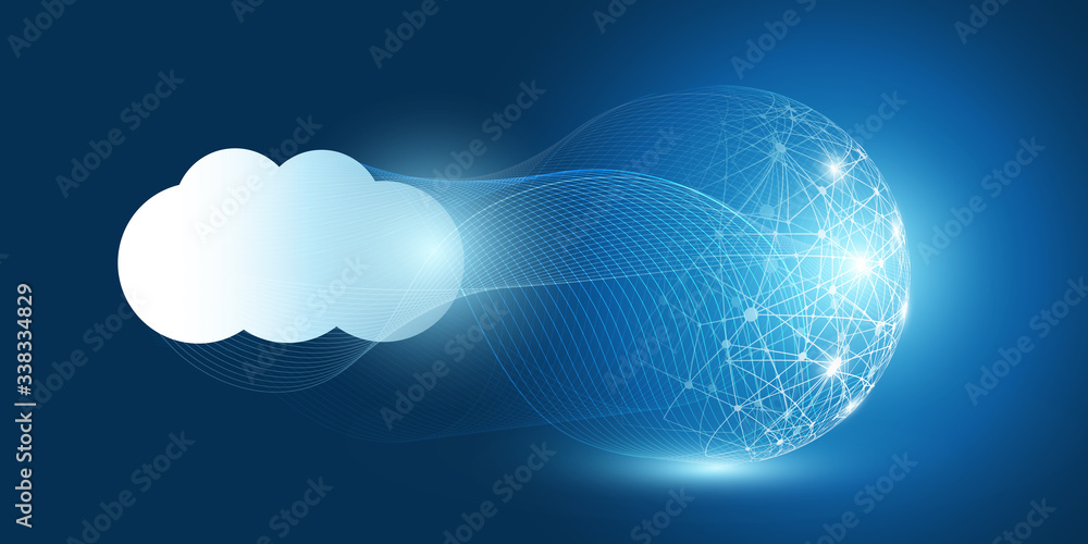 Poster cloud computing design concept - digital connections, technology background with wire frame sphere a
