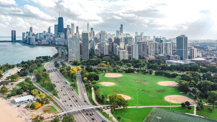 Chicago skyline aerial drone view from above, lake Michigan and city of Chicago downtown skyscrapers cityscape bird's view from park, Illinois, USA
