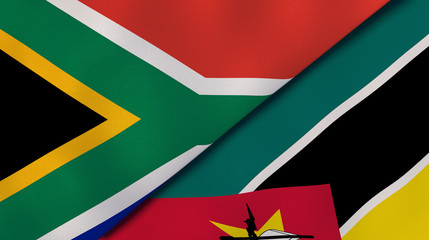The flags of South Africa and Mozambique. News, reportage, business background. 3d illustration