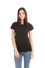 Obraz premium Woman in stylish t-shirt on white background