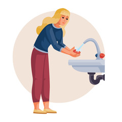 woman washes her hands under running water, hygiene, vector illustration,