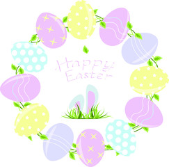 Easter wreath with eggs, delicate colors, green leaves, flowers, happy Easter header. Vector illustration, logo, tag, symbol