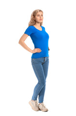 Woman in stylish t-shirt on white background