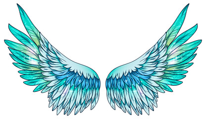 Beautiful magic glowing shiny blue green  angel wings, vector