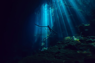 landscape diving in cenote, underwater fog hydrogen sulfide, extreme adventure in mexico