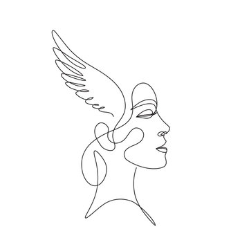 recommend clip art: woman's head with wings, abstract female portrait one line drawing art , freehand black and white outline Sketch