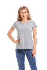 Fototapeta premium Woman in stylish t-shirt on white background
