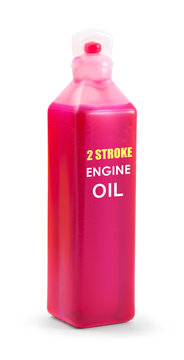 2 Stroke Motor Oil in 100ml plastic bottle. Oil mixture for two stroke engines. Isolated on white background with clipping path. With vector path. 2T oil. 2-stroke oil.
