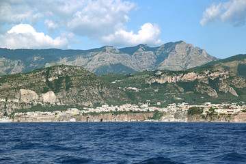 Sorrentine Peninsula - Italy: Panoramic view of the coastline from the sea.