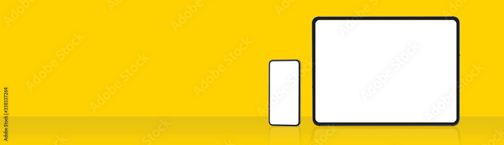 Poster Modern Smart phone and Tablet Empty white screen. on simple yellow color wide banner background Mock up for present advertising product or Webpage design easy replace you design ,3D illustration