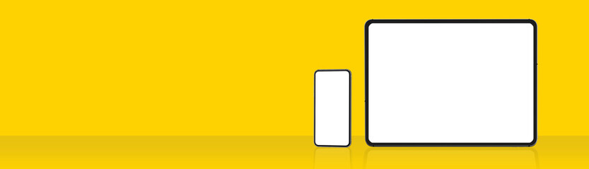 Modern Smart phone and Tablet Empty white screen. on simple yellow color wide banner background...