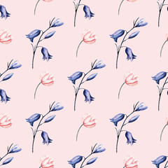 Seamless background, floral pattern with watercolor flowers pink and violet. Repeating fabric wallpaper print texture. Perfectly for wrapping paper, backdrop, frame or border. 