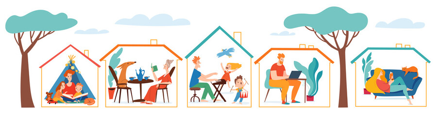 Stay at home vector quarantine illustration with set of houses with people spend time together