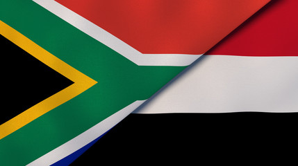 The flags of South Africa and Yemen. News, reportage, business background. 3d illustration