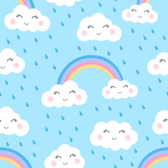 Vector cartoon seamless pattern with cute clouds, rainbow and rain drops on blue background