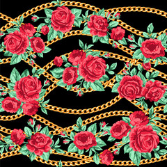 Fashion trendy seamless pattern with rose flowers and gold chains on black background