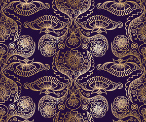 Seamless floral folk pattern with gold glitter flowers on violet background