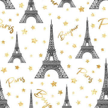 Bonjour Paris seamless pattern with gold glitter stars and Eiffel Tower. France symbol on white background