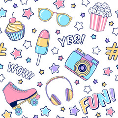 Vector fashion seamless pattern with ice cream, roller skates, headphones, photo camera, stars, popcorn and sunglasses. Colorful party background - 338339482