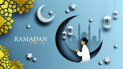 Ramadan kareem 3d effect cut out design vector illustration for banner, background, poster, greeting cards, invitation, congratulation