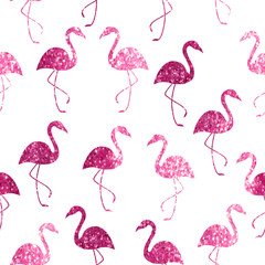 Vector seamless pattern with pink glitter flamingo on white background