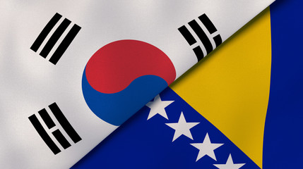The flags of South Korea and Bosnia and Herzegovina. News, reportage, business background. 3d illustration - obrazy, fototapety, plakaty