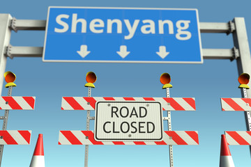 Traffic barricades near Shenyang city traffic sign. Coronavirus disease quarantine or lockdown in China conceptual 3D rendering