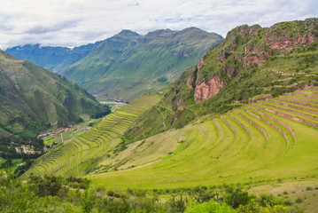 Fototapeta na wymiar Ancient Inca circular terraces in Sacred Urubamba Valley of Incas, Peru 