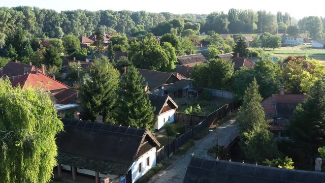 Old town of Csongrad, live museum in summer aerial stock footage.
