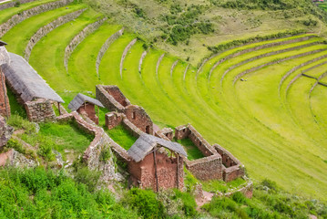 Ancient Inca circular terraces in Sacred Urubamba Valley of Incas, Peru

