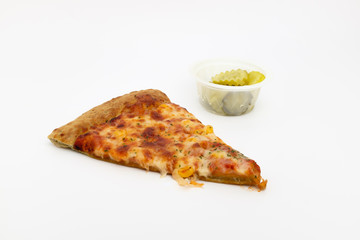 Cheese pizza and pickle and cola on white background