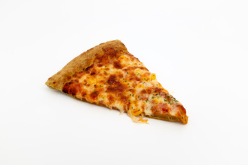 Oven-baked cheese pizza on white background