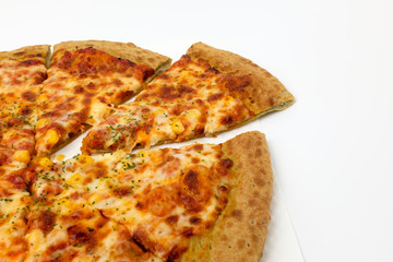 Oven-baked cheese pizza on white background