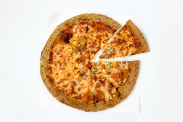 Oven-baked cheese pizza on white background