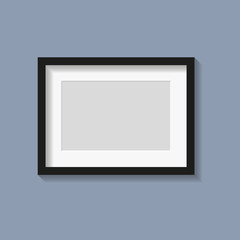 Black photo or picture frame with white mat and shades isolated on dark gray background. Vector illustration. Wall decor. Rectangle horizontal photo frame