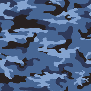 Abstract camouflage seamless blue design for textiles. Vector