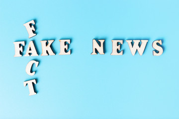 The inscription fact and fake news in wooden letters on blue background.