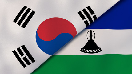 The flags of South Korea and Lesotho. News, reportage, business background. 3d illustration