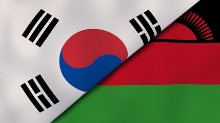 The flags of South Korea and Malawi. News, reportage, business background. 3d illustration
