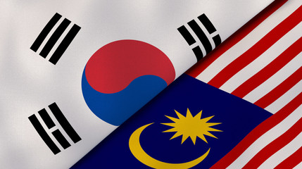 The flags of South Korea and Malaysia. News, reportage, business background. 3d illustration