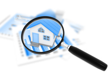 Fototapeta premium Magnifying glass with house. Real estate concept. 3d illustration