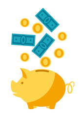 Illustration of piggy bank and money.