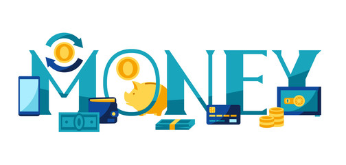 Banking illustration with money icons.