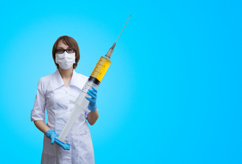 A woman in a white coat, mask and gloves is holding a huge syringe. template with space for text