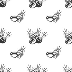 Seamless pattern with icon coconut fruit and palm leaves. Vector