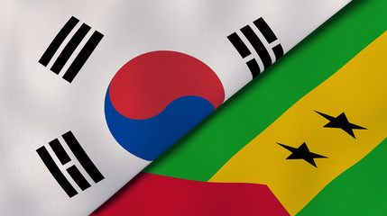 The flags of South Korea and Sao Tome and Principe. News, reportage, business background. 3d illustration
