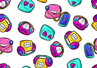 Seamless pattern of cartoon funny characters listening to music.