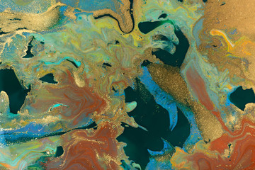 Marbled blue and green abstract background. Liquid marble pattern.