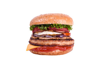 fresh burger with pork and beef, chicken egg, cheddar, mushrooms, bulgarian grilled pepper, caramelized onions, salad mix, isolated on white background.