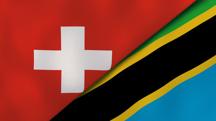 The flags of Switzerland and Tanzania. News, reportage, business background. 3d illustration